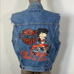 Vintage Bugle Boy Betty Boop Harley Davidson Light Blue Denim Sleeveless Vest